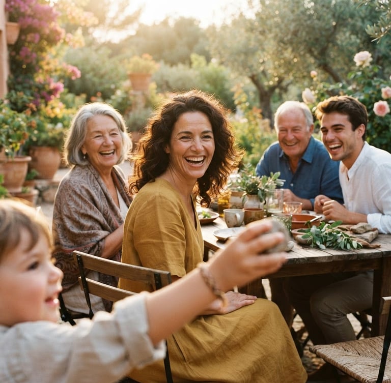 Warm cinematic photography of a multi-generational family laughing together in a sun-drenched garden, soft terracotta and sand tones, shallow depth of field, 35mm, candid interaction, golden-hour natural light, woman's face partially visible, child's hand in foreground.