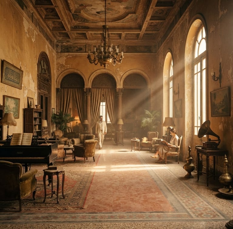 Wide environmental shot of a grand 1920s Cairo salon with high ceilings, dramatic golden-hour window light casting long shadows across peeling plaster walls and worn terrazzo floors, cinematic editorial photography, warm dusty ochre tones, 35mm film grain.