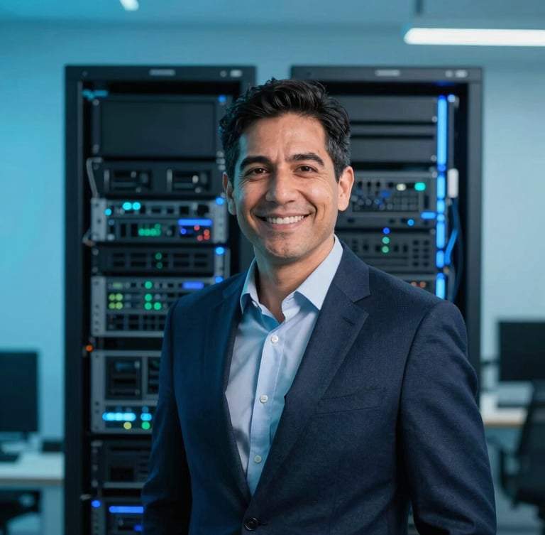 Professional, warm portrait of Steven Asanza, a tech executive in a modern Guayaquil office, cool-toned studio lighting with soft cyan and deep blue accents, 35mm