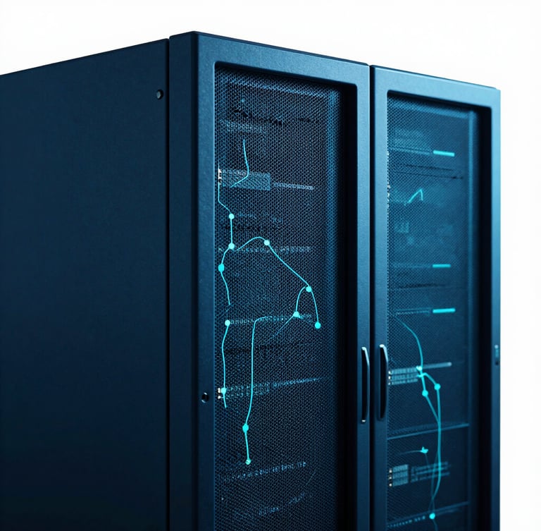 Abstract, clean representation of secure data flows and server architecture, deep blue and cyan lighting, high contrast, sharp focus, 35mm