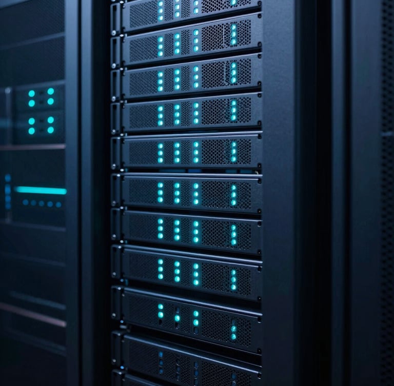 Sleek modern server rack with glowing cyan status lights in a dark data center, high contrast, sharp focus, 35mm