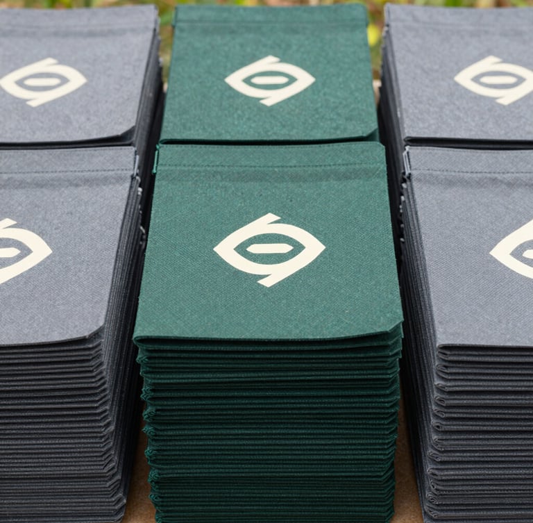 Straight-on product layout of neatly stacked nonwoven bags in deep forest green and slate gray, showing crisp printed brand graphics, bright natural daylight