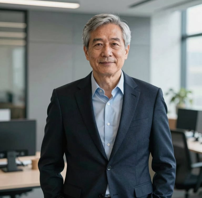 A professional executive portrait of a senior consultant in a modern, sober office environment, soft natural side lighting, shallow depth of field, slate gray and navy color palette, 35mm.