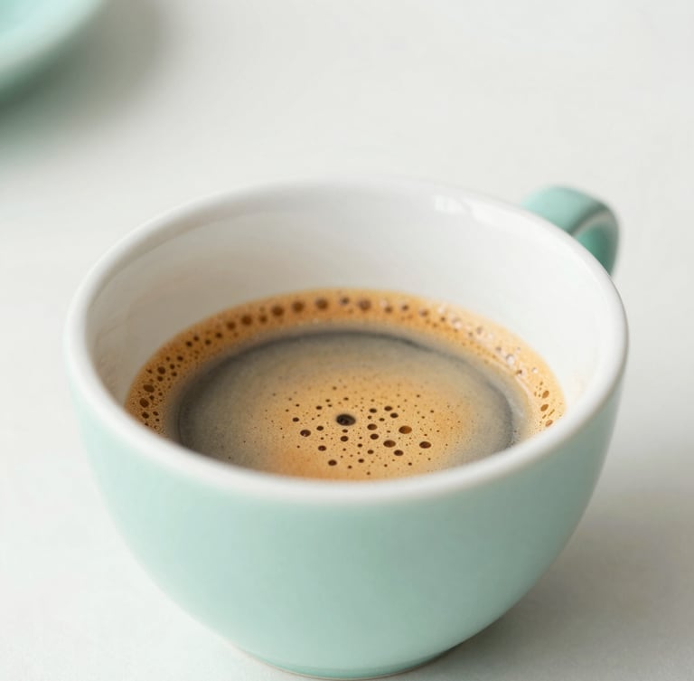 Macro shot of espresso extraction, bright minimalist lighting, soft natural daylight, mint green and warm white tones, shallow depth of field, 35mm