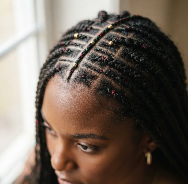 Close-up of clean, precise braid partings on dark hair, soft natural window light, deep crimson and forest green accents, shallow depth of field.