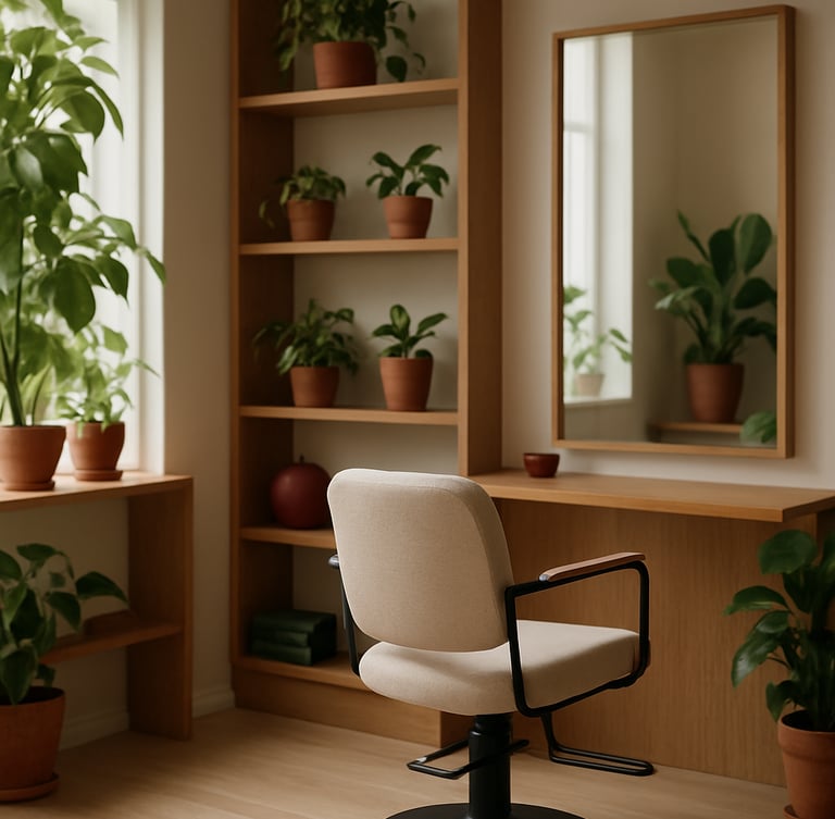 Cozy Scandinavian-inspired salon interior with warm oak wood shelves, lush green potted plants, soft natural daylight, and a comfortable minimalist styling chair.