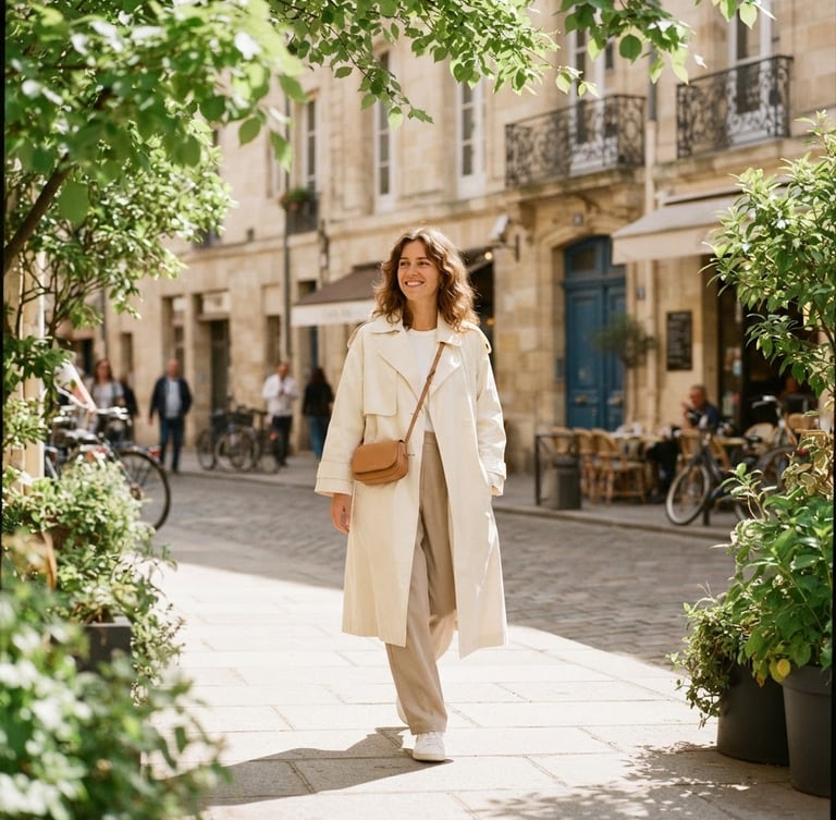 A bright, sunlit portrait of a woman in a relaxed cream trench coat and neutral trousers, walking down a sun-drenched street, soft shadows, fresh green leaves framing the shot, warm-neutral tones, 35mm lens