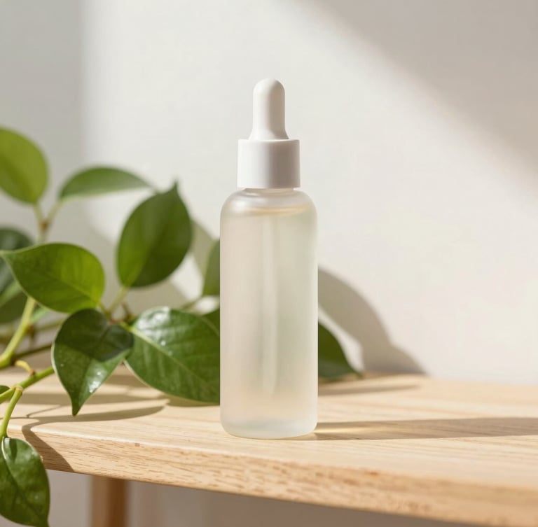 Close-up of a modern skincare bottle next to a fresh green plant on a sunlit wooden shelf, soft shadows, airy background
