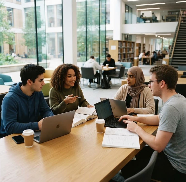 Students collaborating in a modern campus library with natural daylight, clean lines, and professional students working together, 35mm, sharp focus