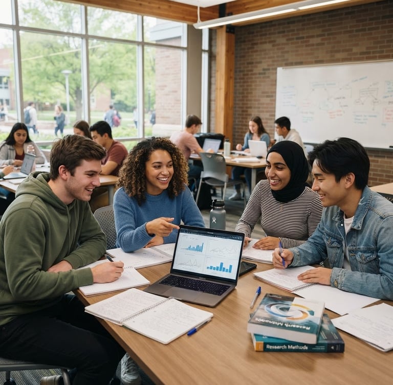 Students collaborating in a modern, well-lit classroom, engaged in a group project, natural daylight, professional academic setting, 35mm, sharp focus.