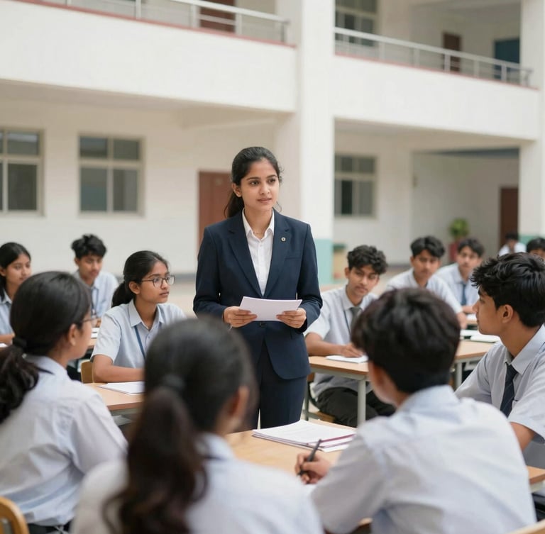 Principal of Unity Degree College engaging with students in a modern campus setting, natural daylight, professional and authentic, 35mm, sharp focus.
