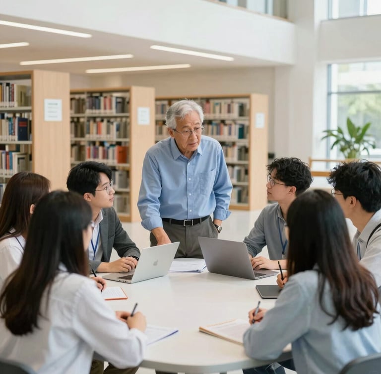 bright editorial photography, natural daylight, a senior faculty member mentoring a small group of students around a table in a bright modern campus library, authentic academic setting, 35mm, sharp focus