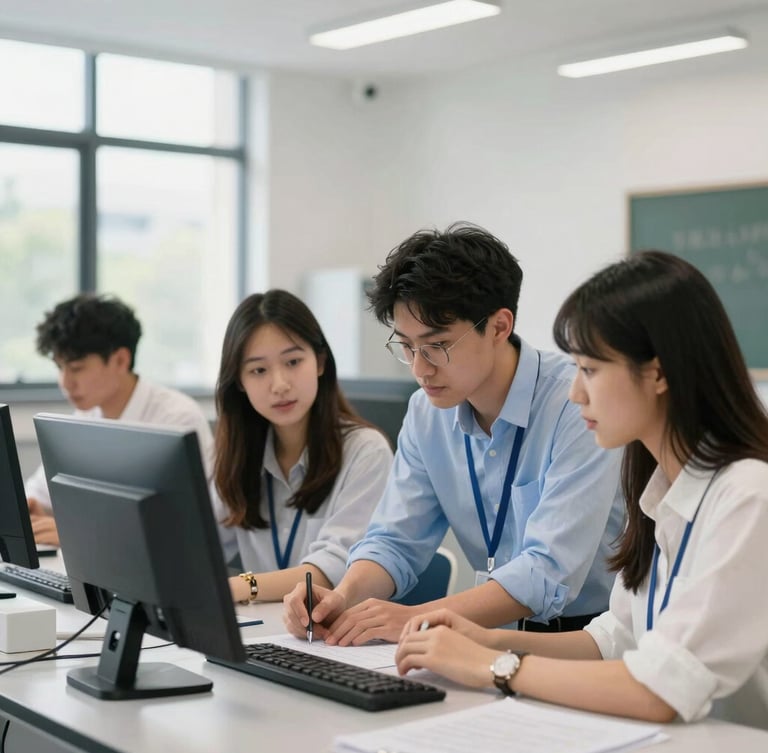 Students collaborating on a project in a modern, brightly lit campus lab, professional and focused, natural daylight, clean modern campus, 35mm, sharp focus