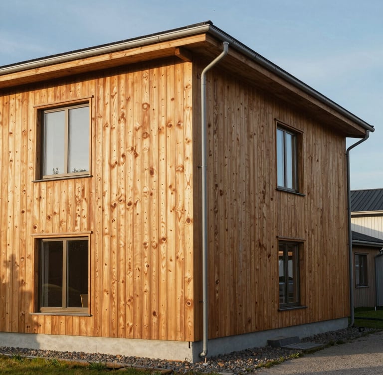 Rak arkitektonisk närbild av hyvlat ljust furuträ, perfekt fogade reglar i en modern träkonstruktion under svalt, naturligt nordiskt dagsljus.