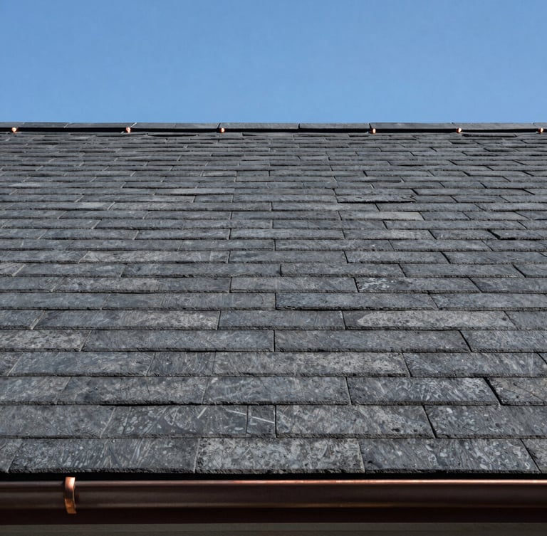 Close-up of a newly laid slate-grey tiled roof against a crisp blue Goteborg sky, clean lines, perfect alignment, copper flashing detail visible in the corner.