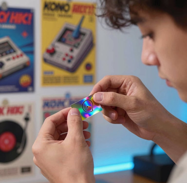 Close-up of a young male creator with retro gaming posters in the background, carefully peeling a vibrant holographic sticker off its backing, warm neon blue accent lighting.