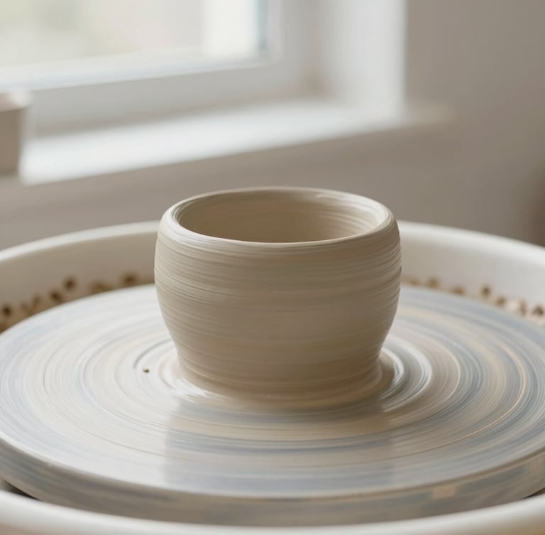 Close-up of raw clay texture on a potter's wheel under soft natural window light, minimalist ceramic photography, muted beige tones, shallow depth of field, 35mm