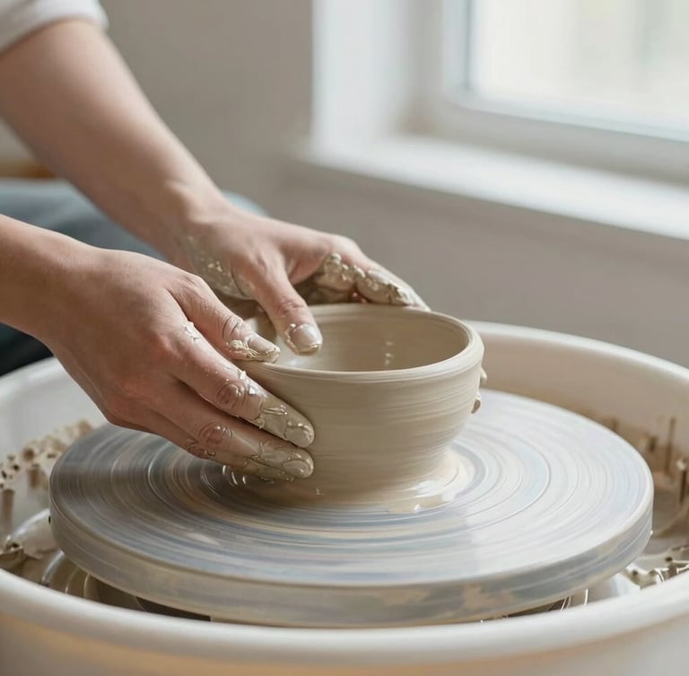 Hands covered in wet clay shaping a small clay bowl on a spinning potter's wheel, soft diffused side light, focus on the texture of the clay.