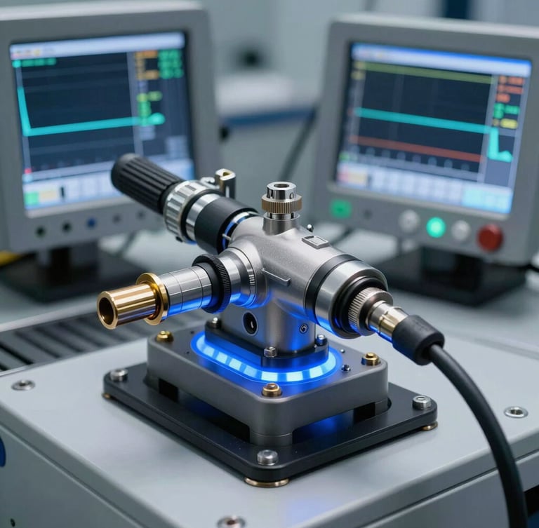 A close-up of a high-pressure common rail fuel injector clamped into a clean-room test bench, with sharp blue LED backlighting and a digital diagnostic screen showing pressure curves.