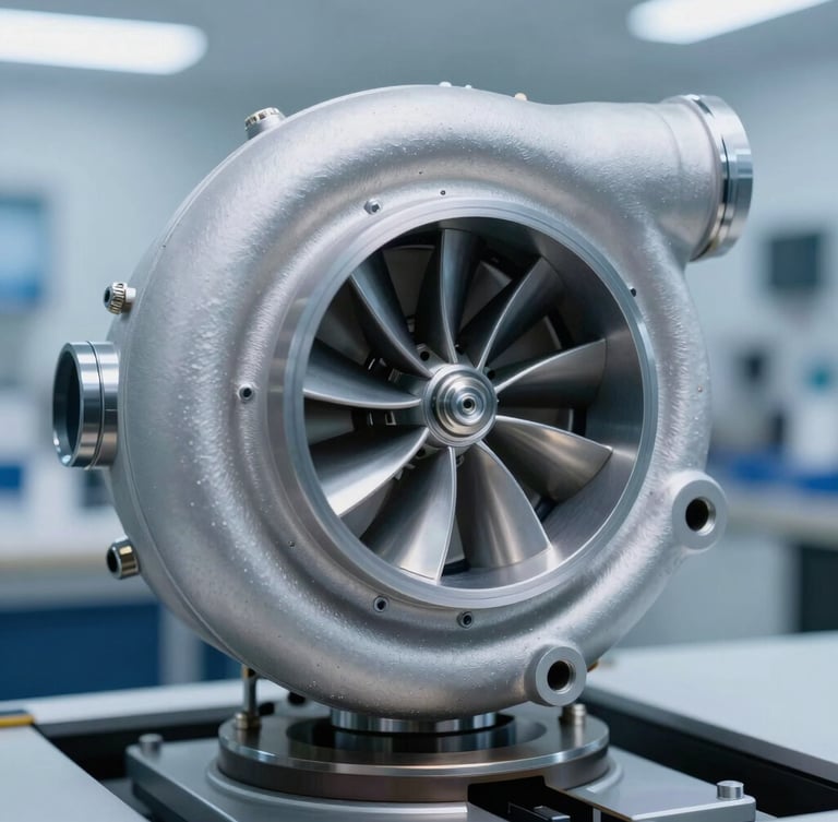 Extreme close-up of a heavy-duty turbocharger impeller on a dynamic balancing machine, bright cool LED lighting, metallic reflections, clean lab background.
