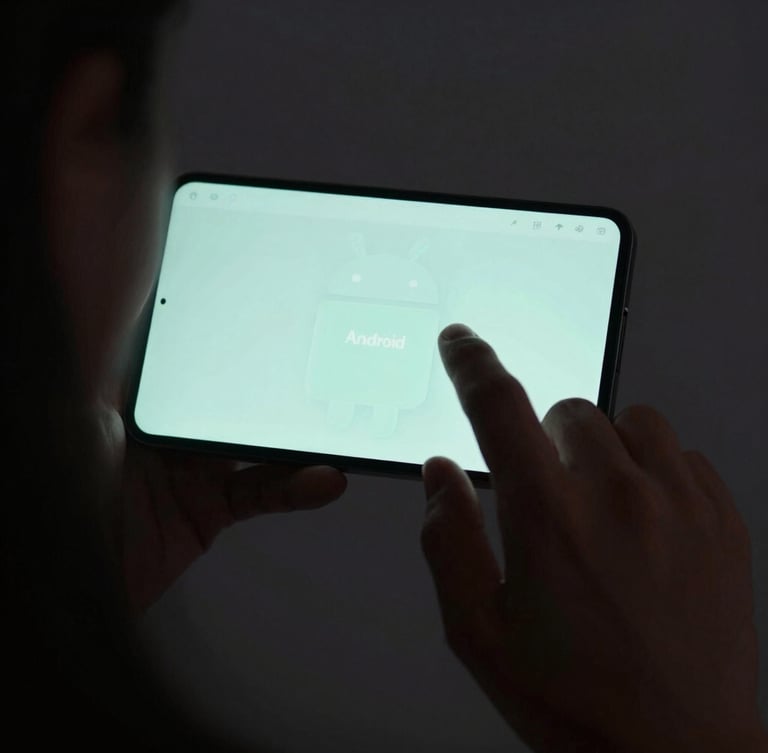 Over-the-shoulder shot of a hand interacting naturally with an Android screen, highlighting reachability with soft ambient light reflecting off the glass surface, dark theme