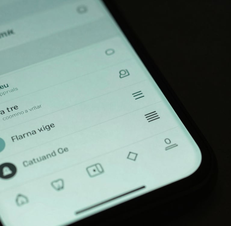 Macro close-up of a physical Android smartphone screen displaying custom interface details, low-key studio lighting with soft mint-green glow reflecting off glass, dark background