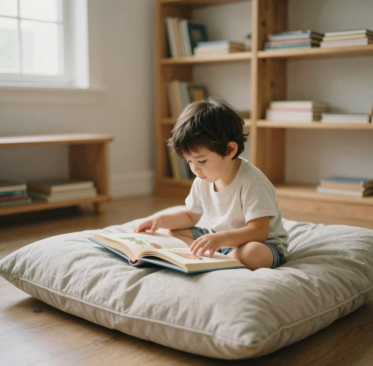 A child reading a picture book on large floor cushions, soft-edged wooden shelves in the background, indirect morning light.