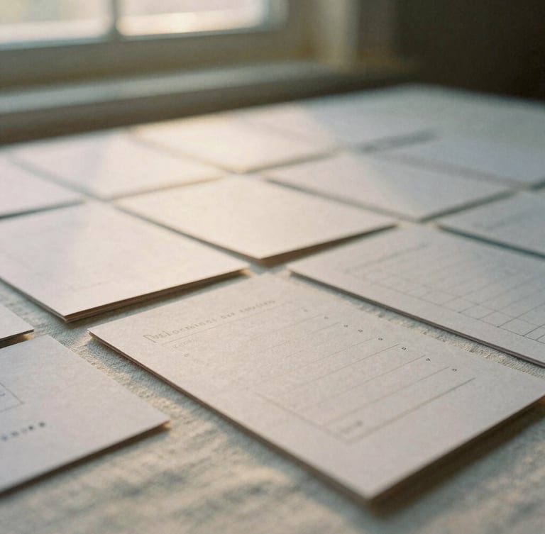 Close-up of printed morning rhythm cards arranged on a linen tablecloth, warm golden hour light, soft film grain.