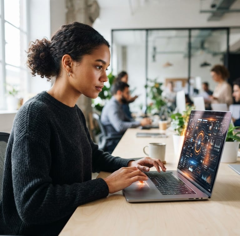 Medium close-up of a person using a high-contrast digital interface in a bright, modern workspace, natural daylight, clear focus on the tech-human connection, clean tech photography, 35mm lens