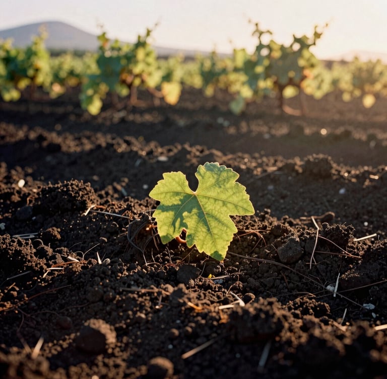 Close-up of dark volcanic Etna soil with a single green vine leaf, golden hour sunlight casting dramatic long shadows, warm editorial photography, medium format film
