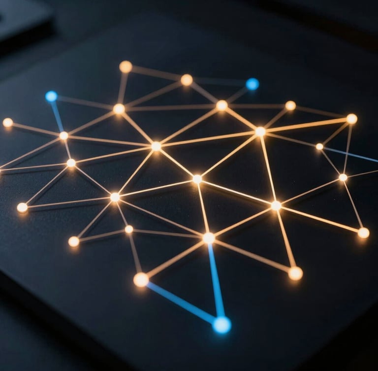 Sleek architectural system diagram on a dark screen, glowing node networks, sharp neon-amber and cool blue accents, low-key ambient light