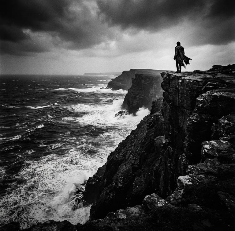 Wide shot of a solitary figure standing on a cliff edge, overlooking a vast, dark, stormy ocean. Harsh chiaroscuro lighting, long shadows, moody black and white photography, grainy film texture, surrealist composition.
