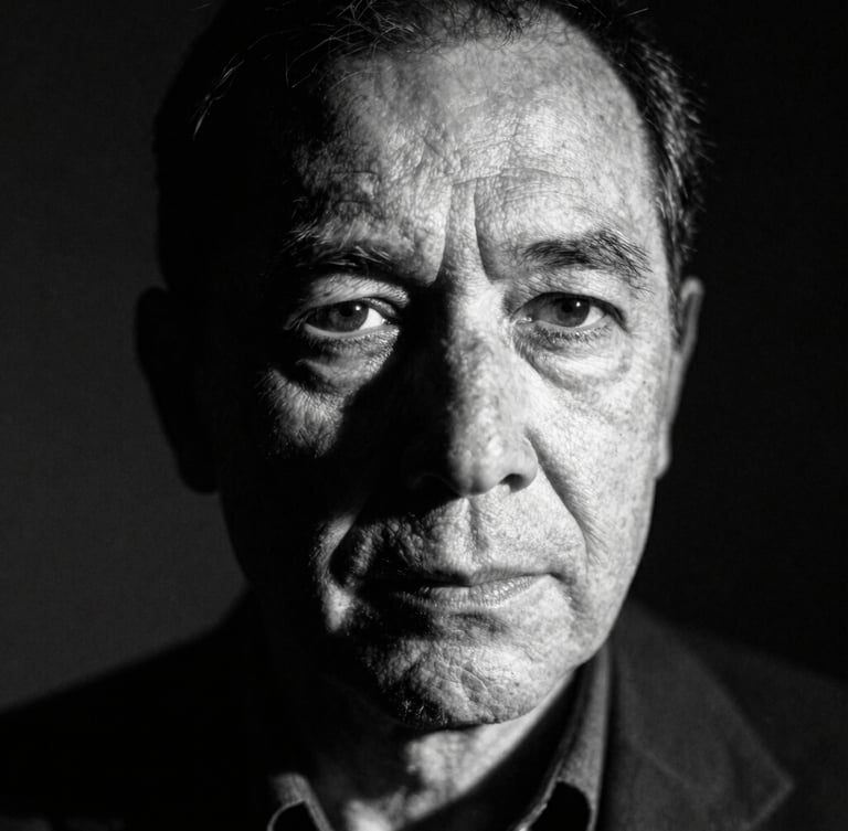 High-contrast black and white portrait of a thoughtful, middle-aged writer with deep-set eyes, looking slightly off-camera. Harsh chiaroscuro lighting, long shadows, grainy film texture, 35mm lens.