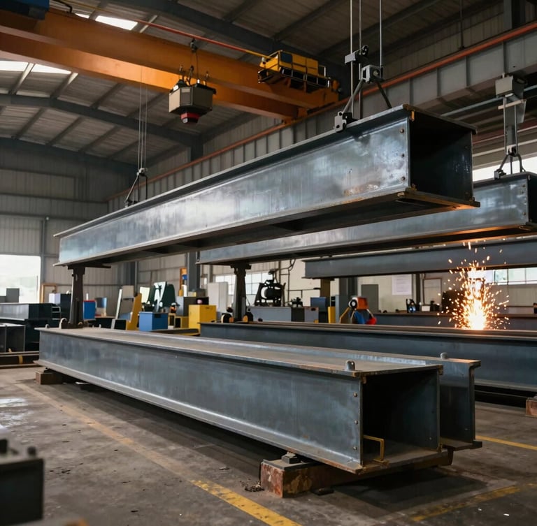 Wide environmental shot of the Mysuru fabrication floor, overhead cranes positioning massive structural steel I-beams under high-contrast industrial bay lighting, sparks flying in the background.