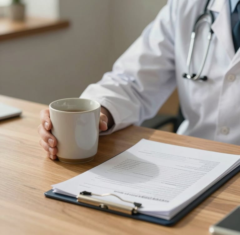 Close-up of a doctor's hand holding a ceramic mug next to open medical charts on a clean wooden desk, soft warm morning light, calm atmosphere