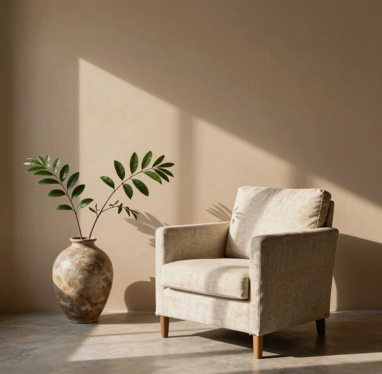 Minimalist, sunlit consultation room with a linen armchair, a green botanical branch in a ceramic vase, soft shadows on a warm sand-colored wall