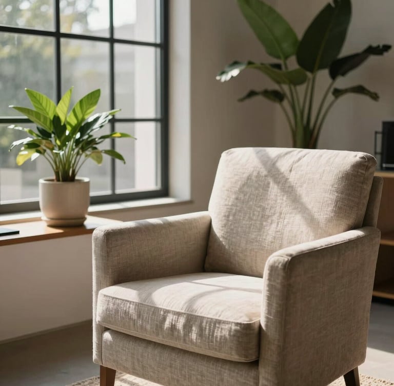 A serene, naturally lit consultation room with a soft linen armchair, a green botanical plant in a ceramic pot, and warm sunlight streaming through a large window.