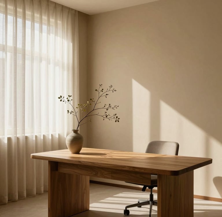 A serene, high-end medical consultation room with warm sand-colored walls, soft linen curtains diffusing natural daylight, a minimalist wooden desk, and a delicate botanical branch in a ceramic vase.