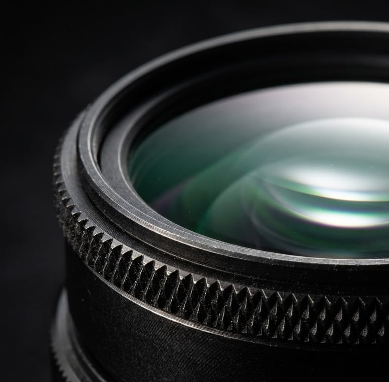 Extreme macro shot of a pristine camera filter glass element, subtle green and purple anti-reflective coatings reflecting a sharp studio rim light, dark metallic knurled ring, 85mm