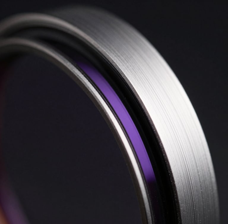 Macro shot of a pristine optical filter edge, showing subtle purple anti-reflective reflections, dramatic studio rim lighting, dark moody background.