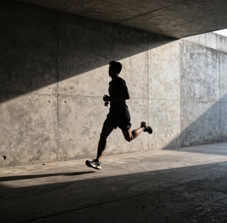 Silhouette of an athlete running in a concrete tunnel, sharp directional light, high contrast chiaroscuro, extreme shadow