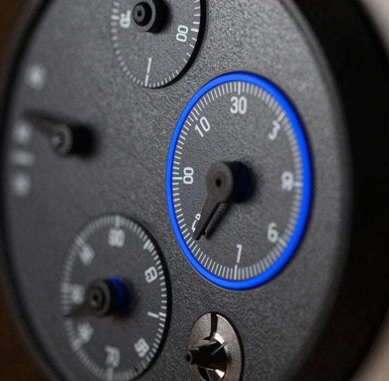 Macro side-view of a custom instrument-grade panel with precise mechanical dials, dark matte surface, sharp blue rim lighting.
