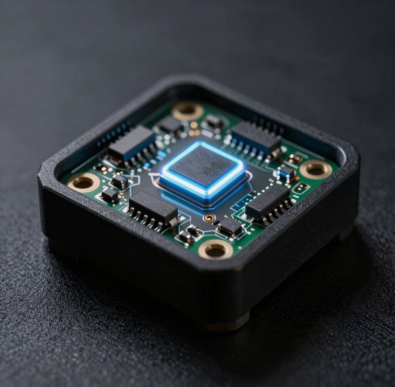 Macro shot of a glowing microcontroller integrated into a matte black 3D-printed casing, sharp rim lighting, dark high-contrast background