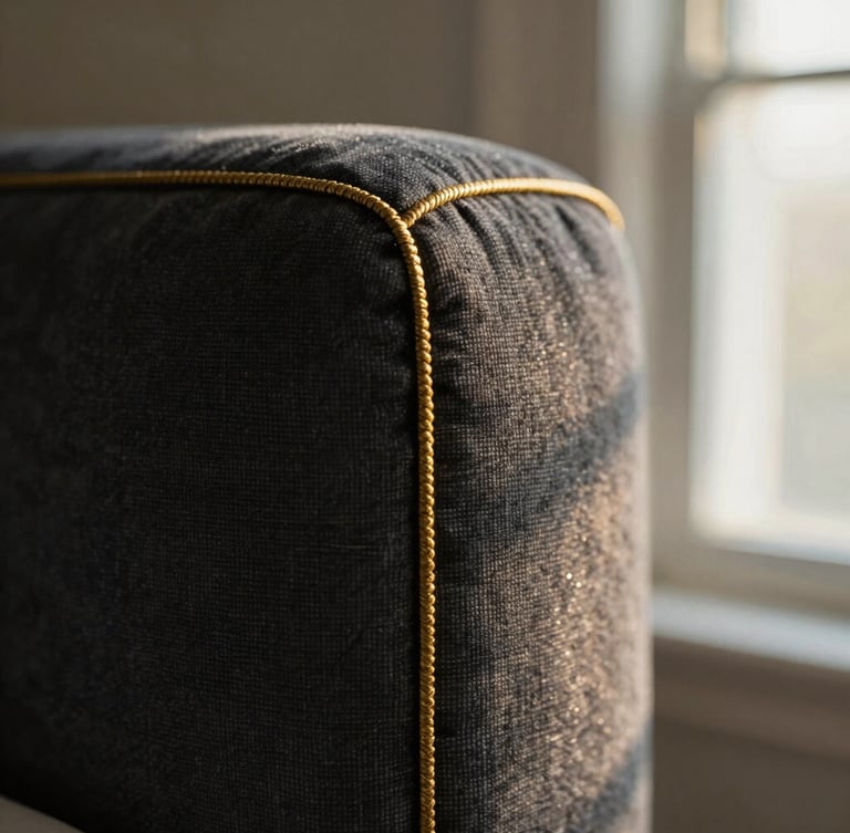 Macro close-up shot of heavy gold-toned textile stitching on a deep charcoal upholstered headboard, shallow depth of field, warm morning window light, rich textures, 35mm