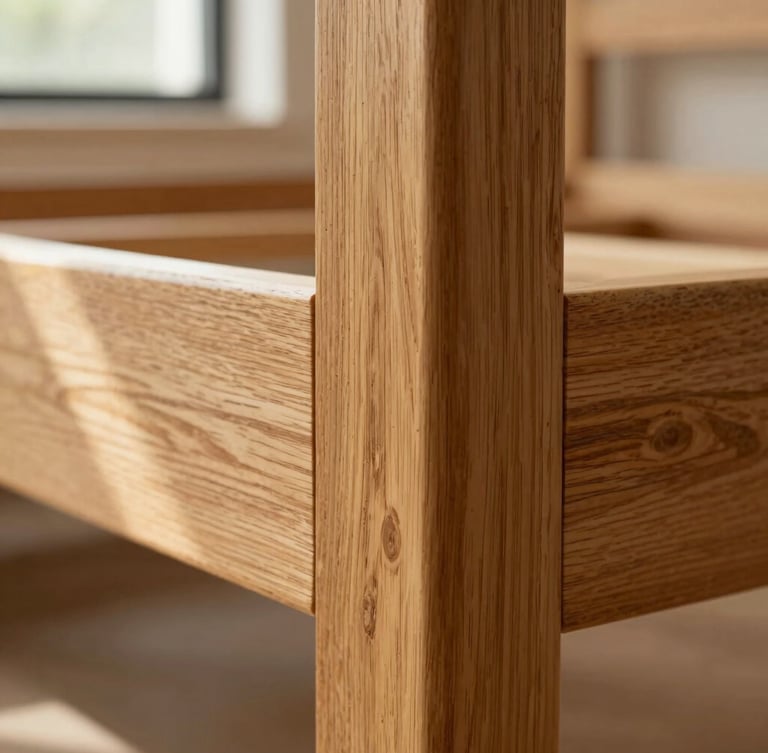 Macro close-up of a solid oak bed frame joint, showcasing the precise heavy-timber joinery and warm grain under soft natural side light, shallow depth of field, warm editorial photography, 35mm