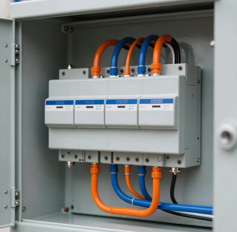Sharp macro shot of a clean, professionally organized industrial electrical panel with structured orange and blue wiring, bright daylight, 35mm