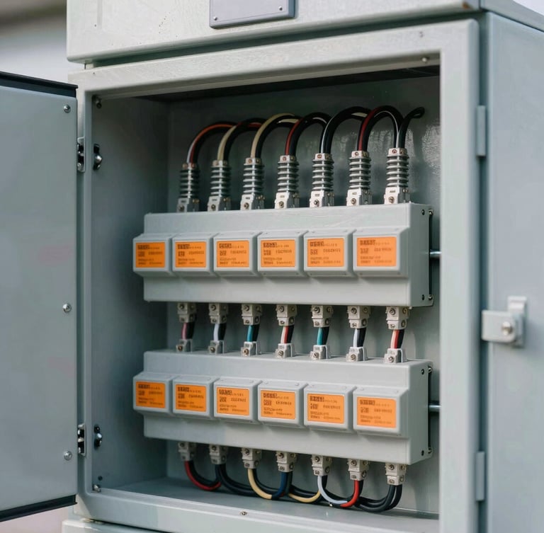 Crisp industrial photography of a modern electrical distribution board with organized wiring and safety orange tags, clean daylight, sharp focus, 35mm