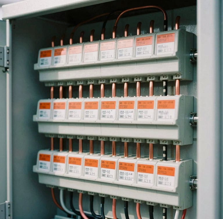 Close-up of a highly organized industrial electrical panel, clean copper wiring, safety orange labels, sharp focus on technical schematics, daylight, 35mm
