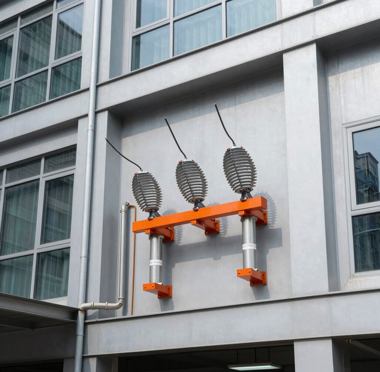 Sharp daylight shot of a modern commercial building facade with visible electrical infrastructure, technical precision, 35mm