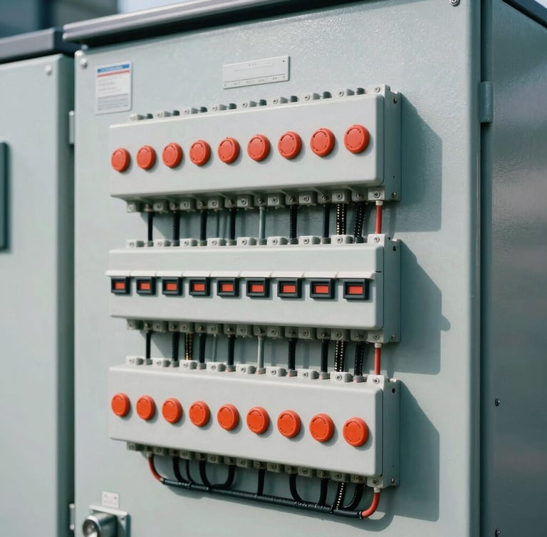 Crisp industrial photography of a modern electrical control panel with organized wiring and safety switches, clean daylight, sharp focus on technical details, 35mm
